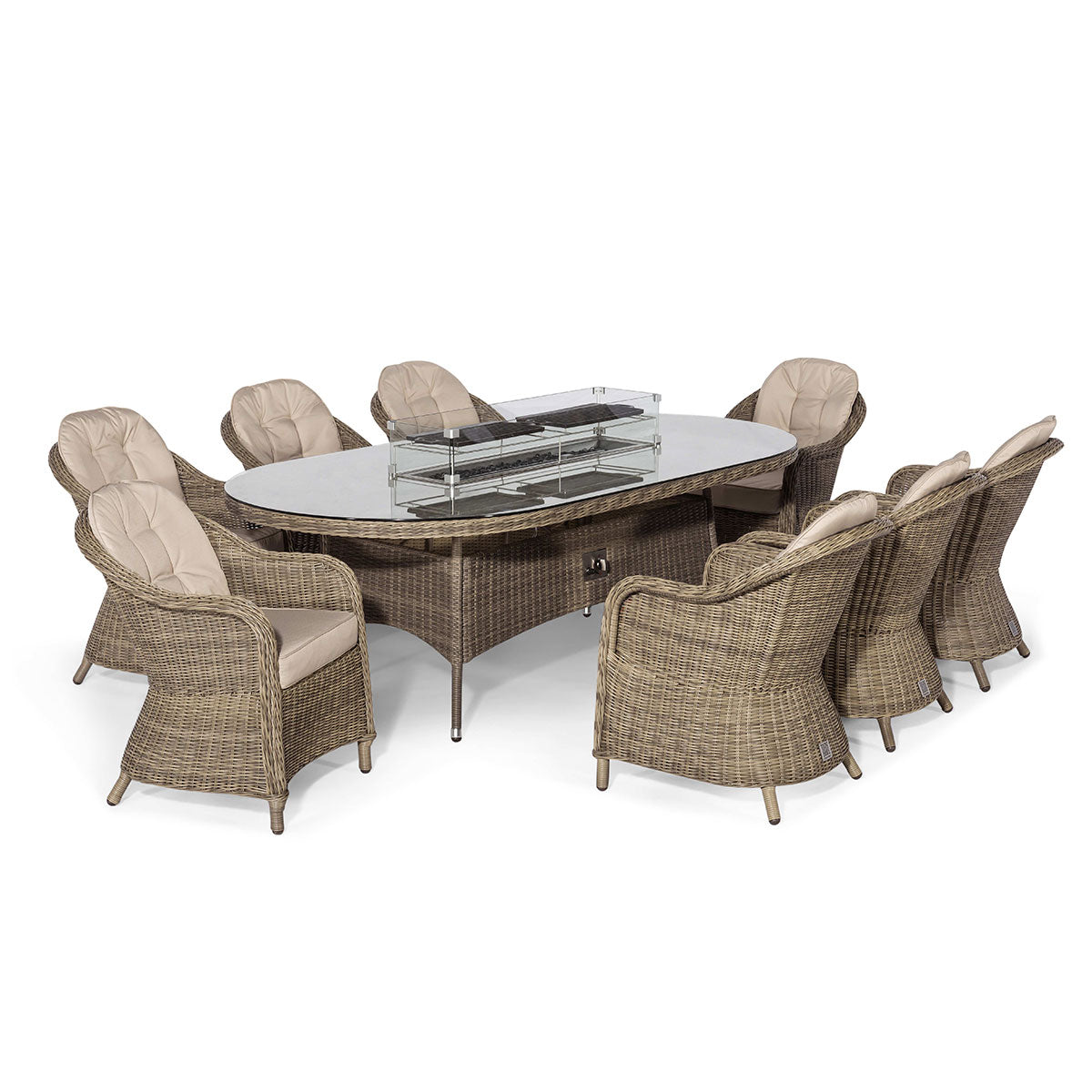 Winchester 8 Seat Oval Fire Pit Dining Set with Heritage Chairs in Natural