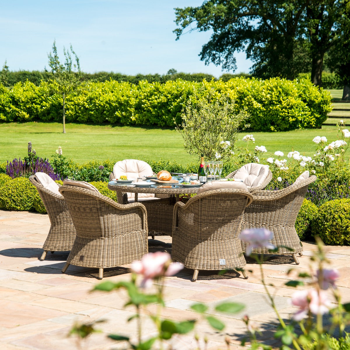 Winchester 6 Seat Round Ice Bucket Dining Set with Heritage Chairs Lazy Susan in Natural