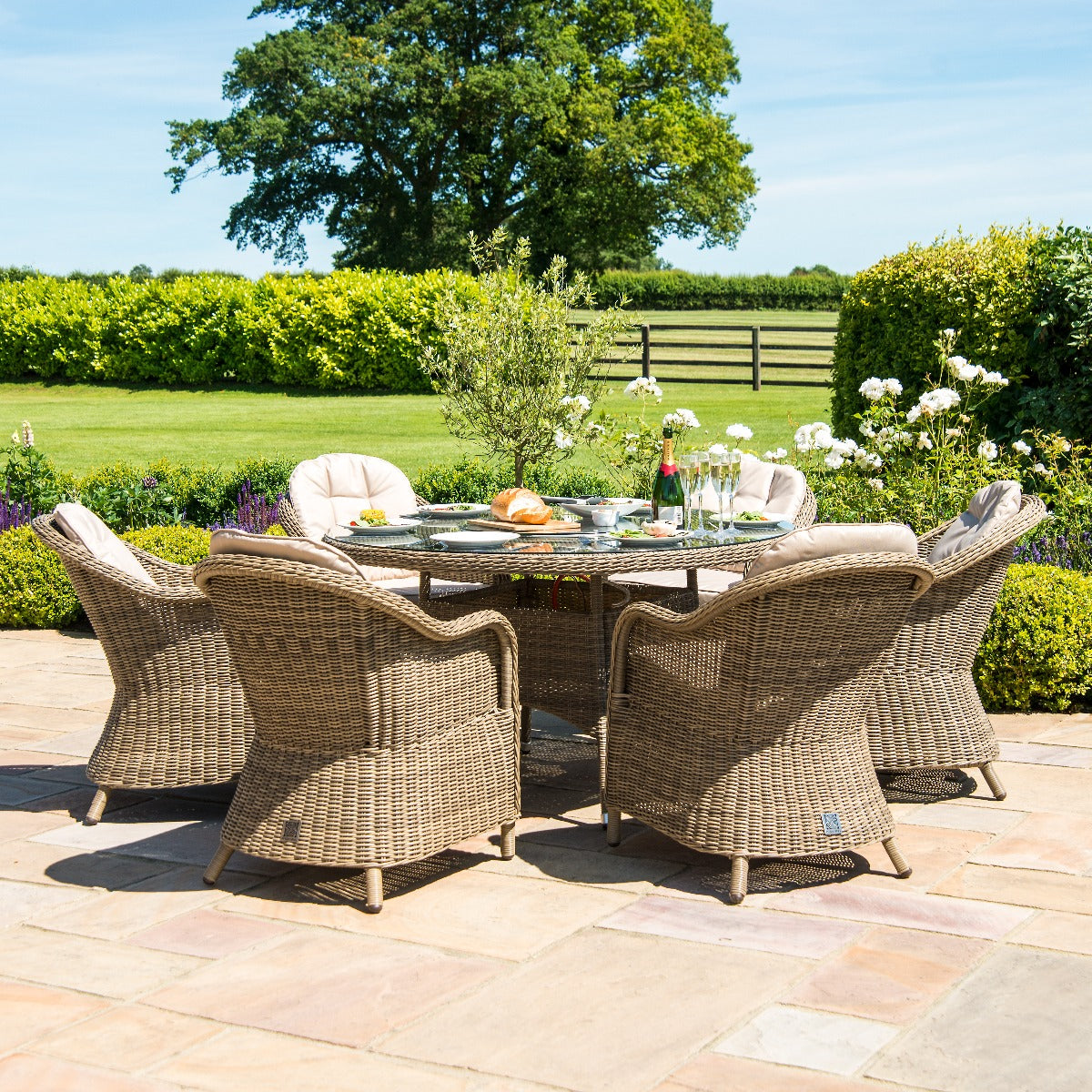 Winchester 6 Seat Round Ice Bucket Dining Set with Heritage Chairs Lazy Susan in Natural