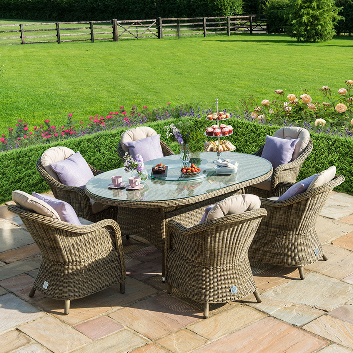 Winchester 6 Seat Oval Ice Bucket Dining Set with Heritage Chairs Lazy Susan in Natural