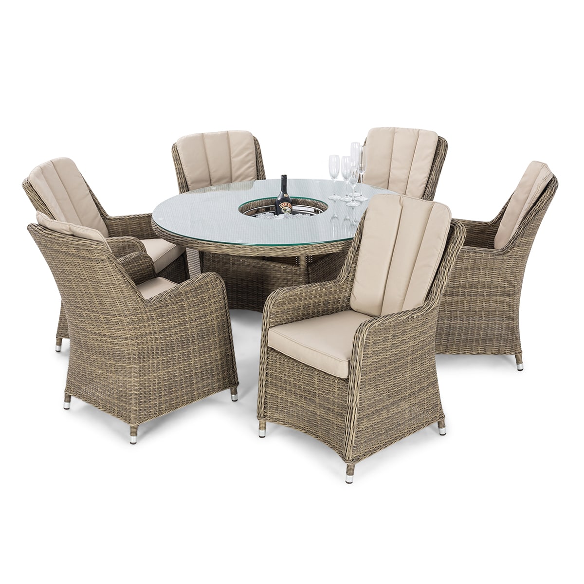 Winchester 6 Seat Oval Ice Bucket Dining Set with Venice Chairs Lazy Susan in Natural