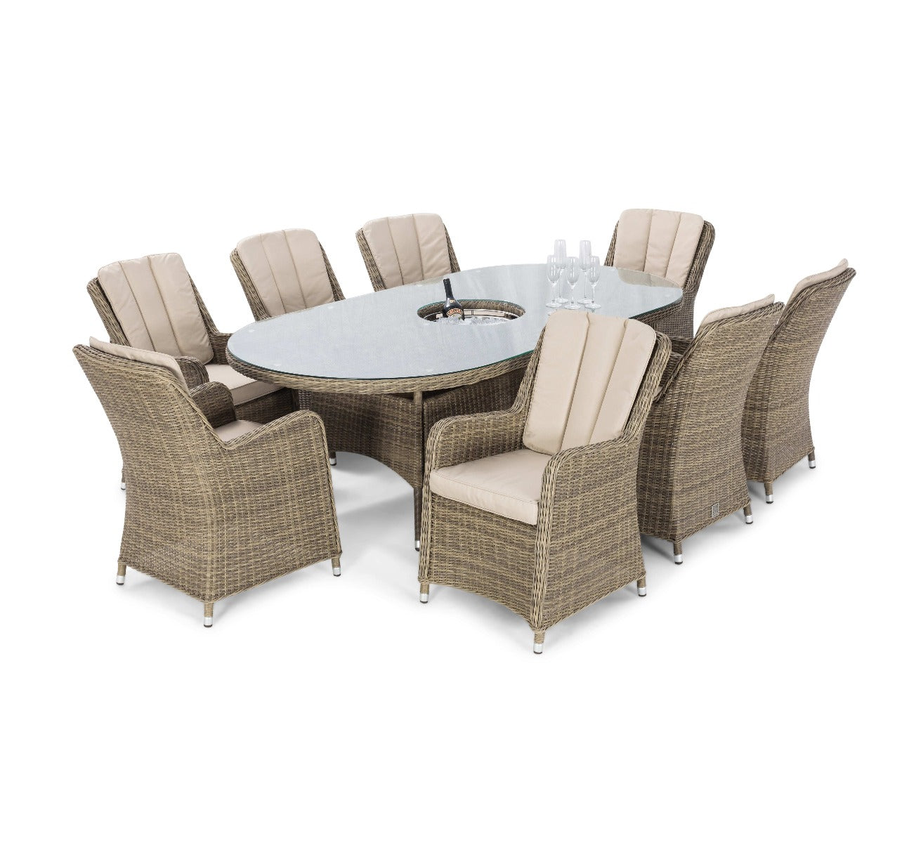 Winchester 8 Seat Oval Ice Bucket Dining Set with Venice Chairs Lazy Susan in Natural