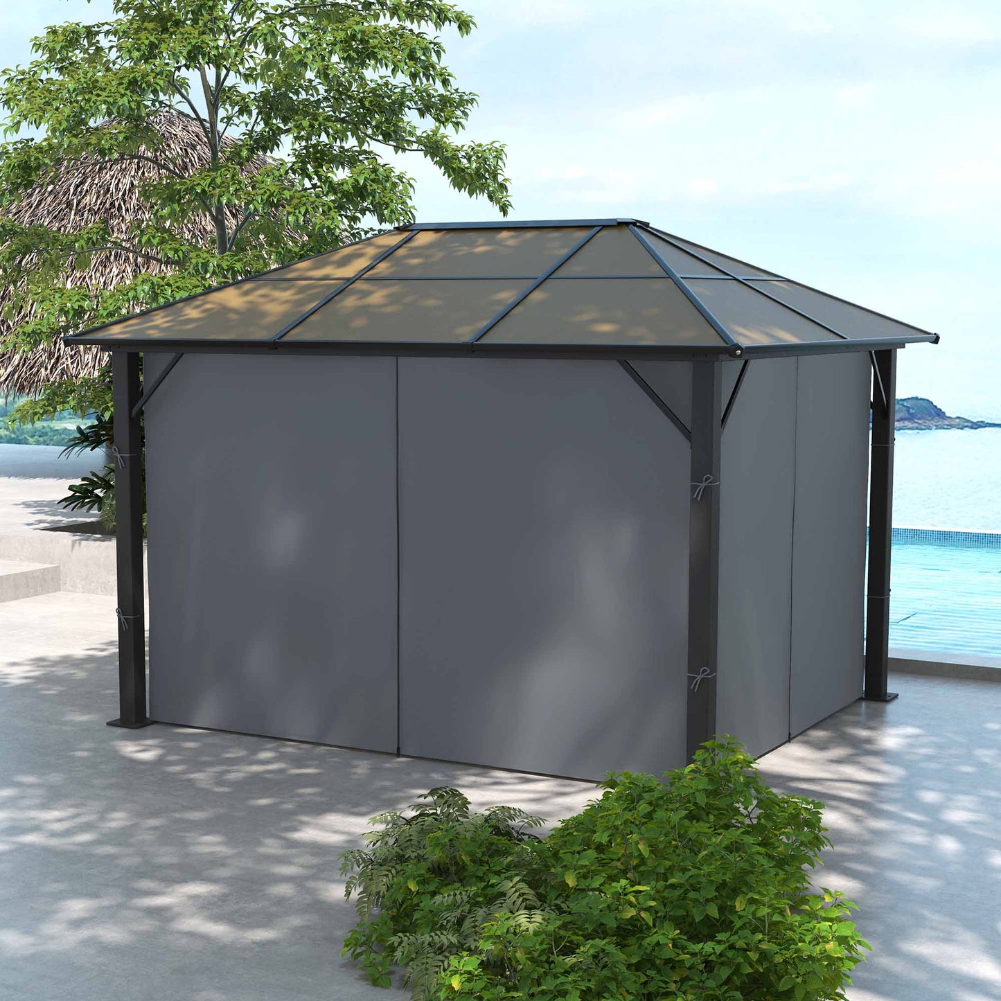 Outsunny 3 x 3.6m Garden Aluminium Gazebo With Hardtop Roof, Mesh Curtains & Side Walls in Grey