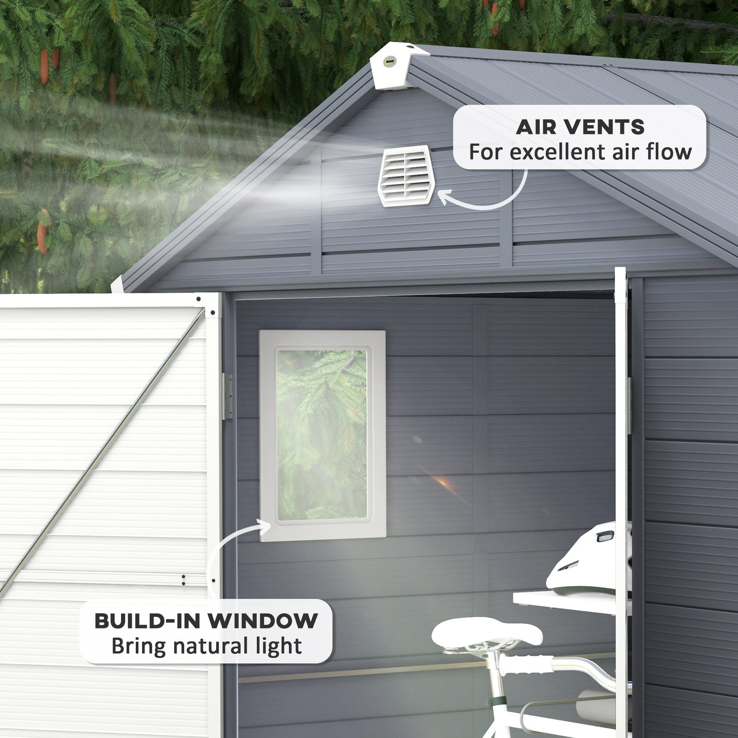 Outsunny 8 x 6ft Garden Shed with Foundation Kit: Polypropylene Outdoor Storage Tool House with Ventilation Slots and Lockable Door in Grey