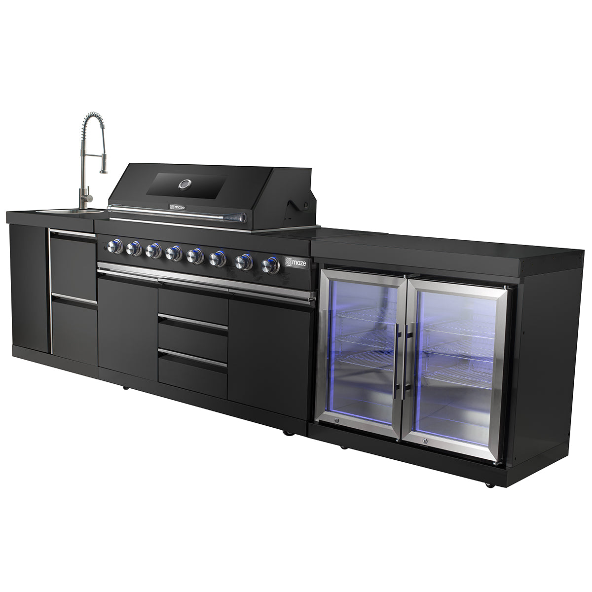 Maze Large Linear Outdoor Kitchen With Sink &  Fridge in Satin Black