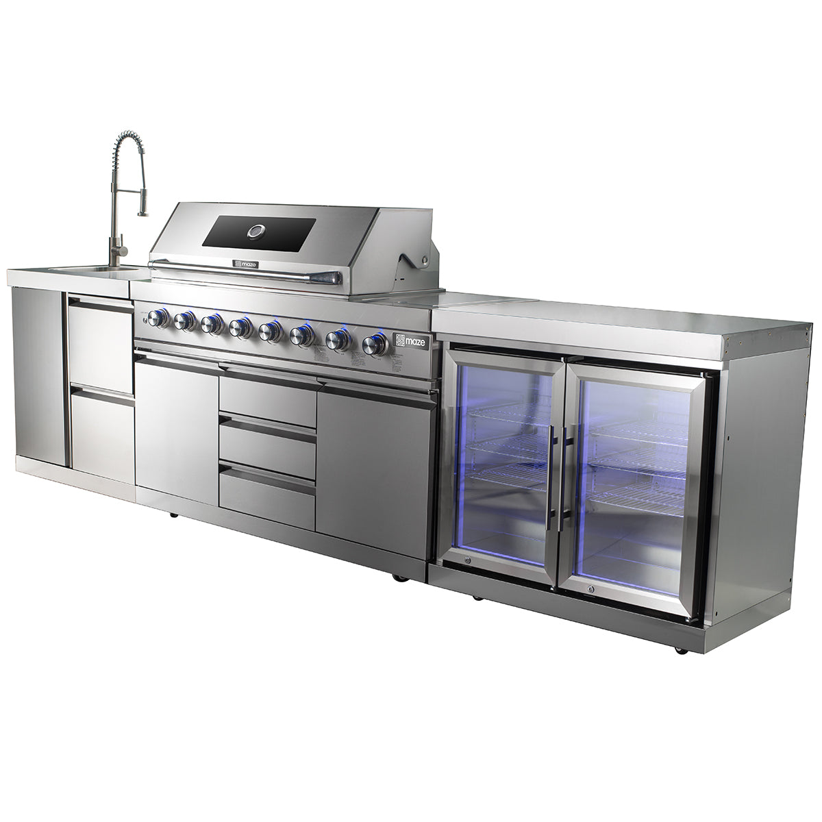 Maze Large Linear Outdoor Kitchen With Sink & Fridge in Stainless Steel