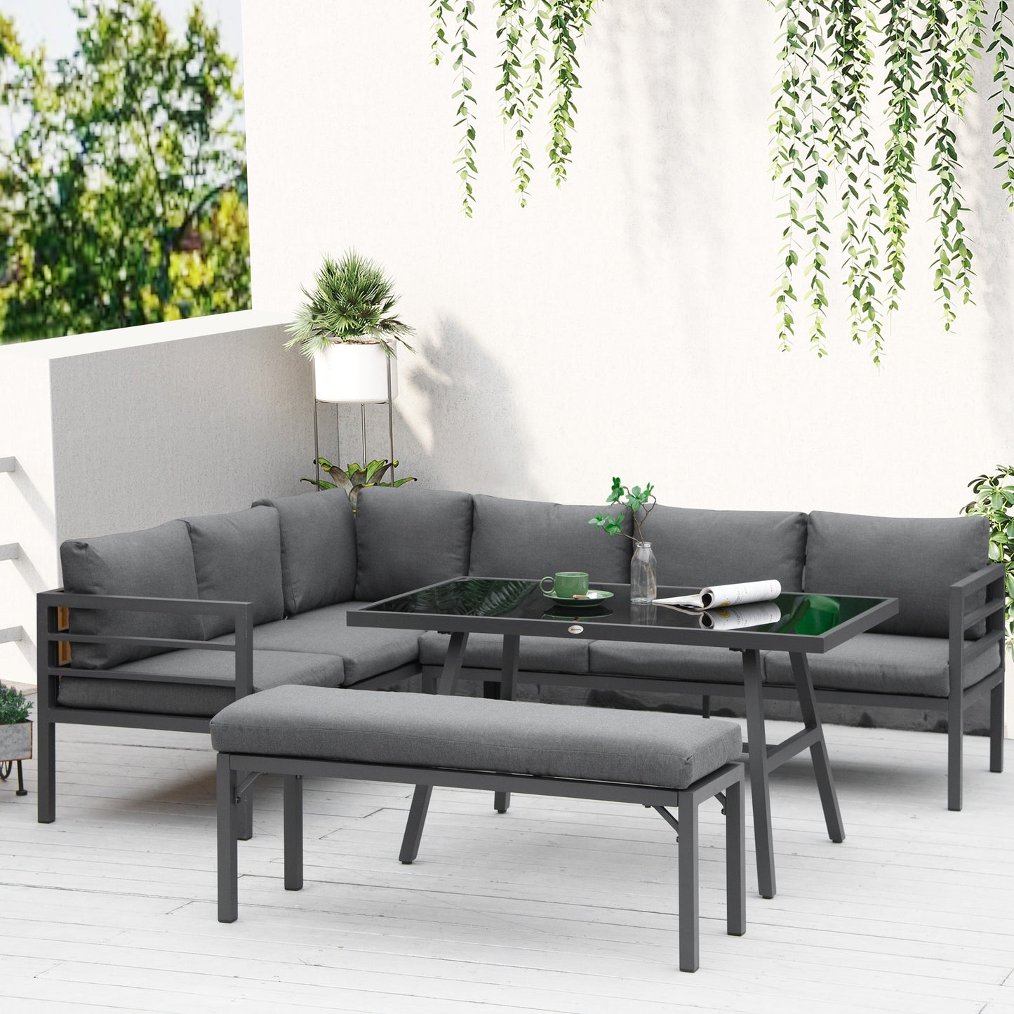 Outsunny Aluminium L-Shaped Outdoor Dining Set with Bench, Dining Table, and Cushions in Grey