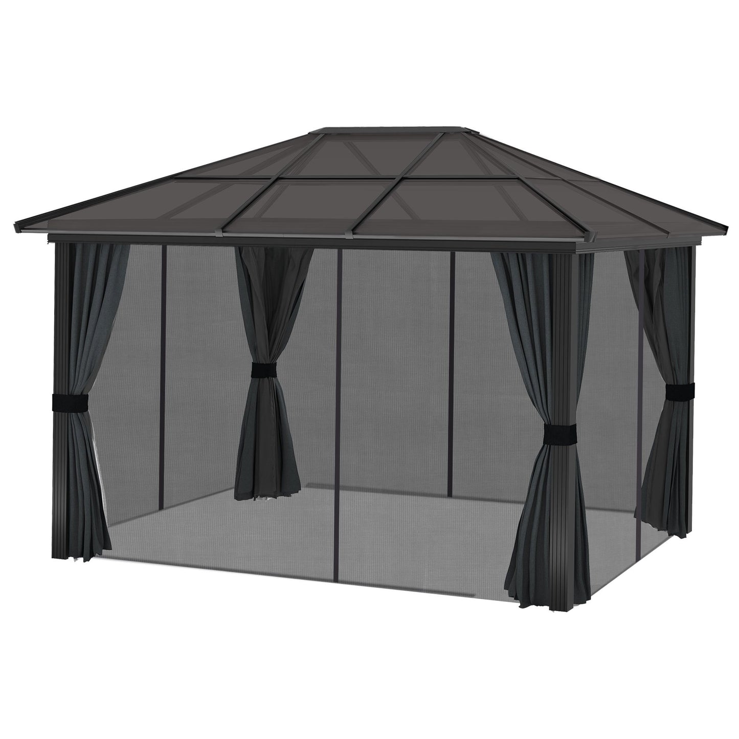 Outsunny 3 x 4m Hard Polycarbonate Roof and Aluminium Frame Gazebo with Netting and Curtains in Black/Grey