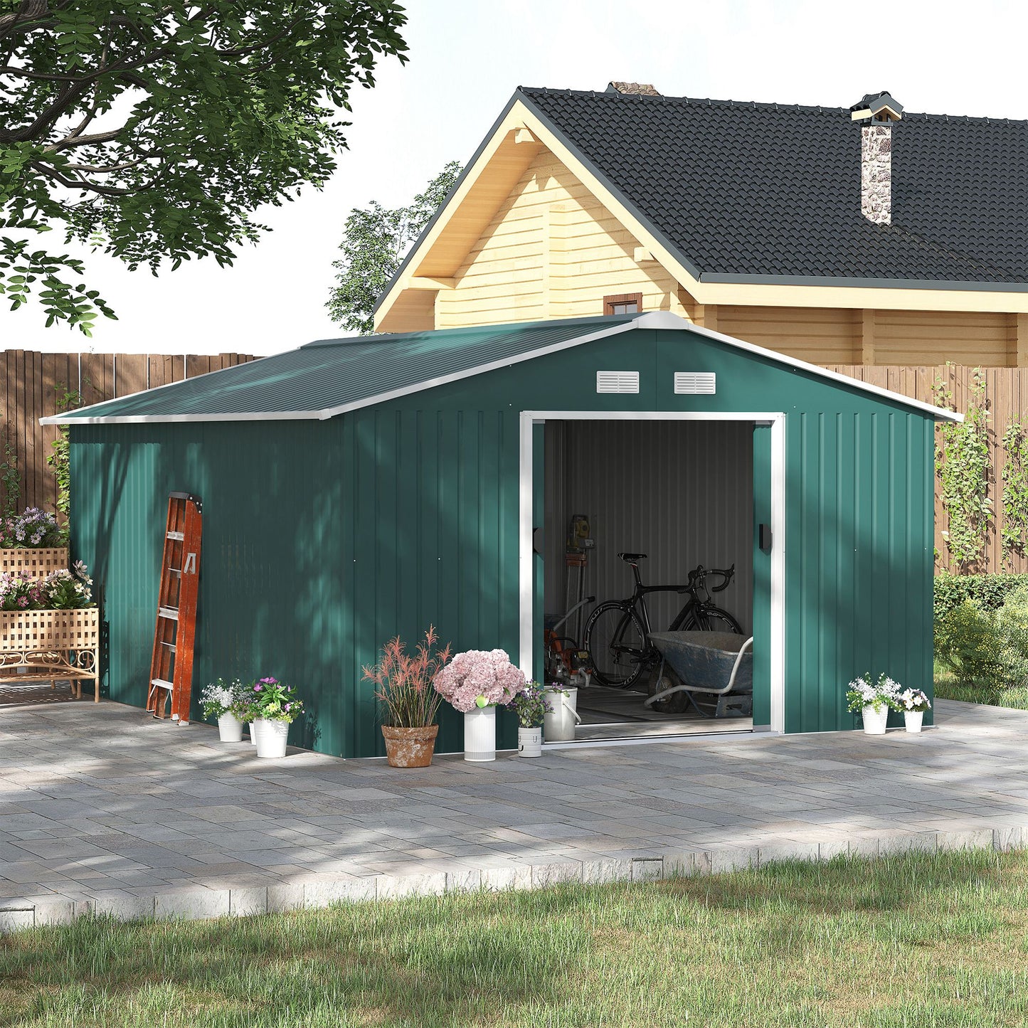 Outsunny 13 x 11 ft Metal Garden Shed Large Patio Roofed Tool Storage with Ventilation and Sliding Door in Deep Green