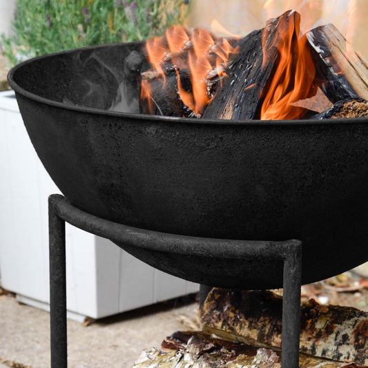 Outdoor Cast Iron Fire Pit on Stand in Black Iron H45Cm W56Cm