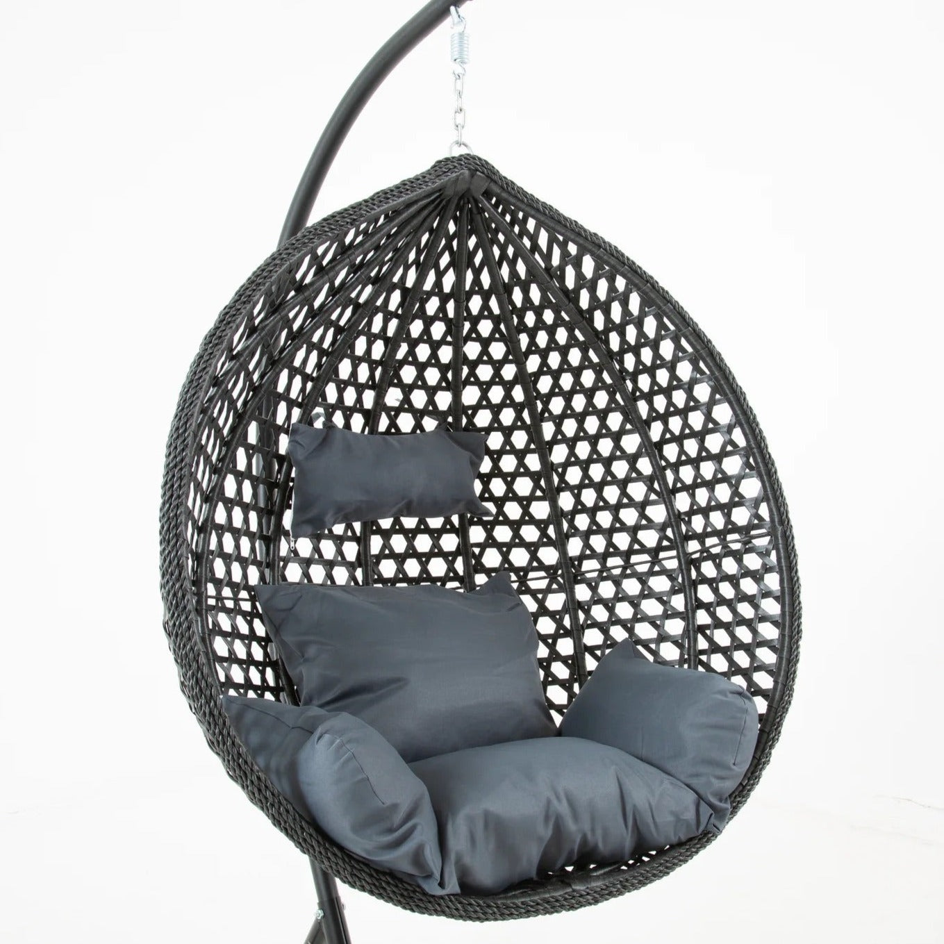 The Onyx Black Hanging Swing Pod Egg Chair - Large with Deep Grey Cushions: Weather-Resistant Outdoor Comfort