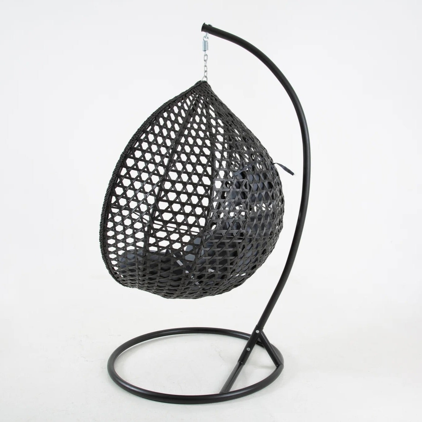 The Onyx Black Hanging Swing Pod Egg Chair - Large with Deep Grey Cushions: Weather-Resistant Outdoor Comfort