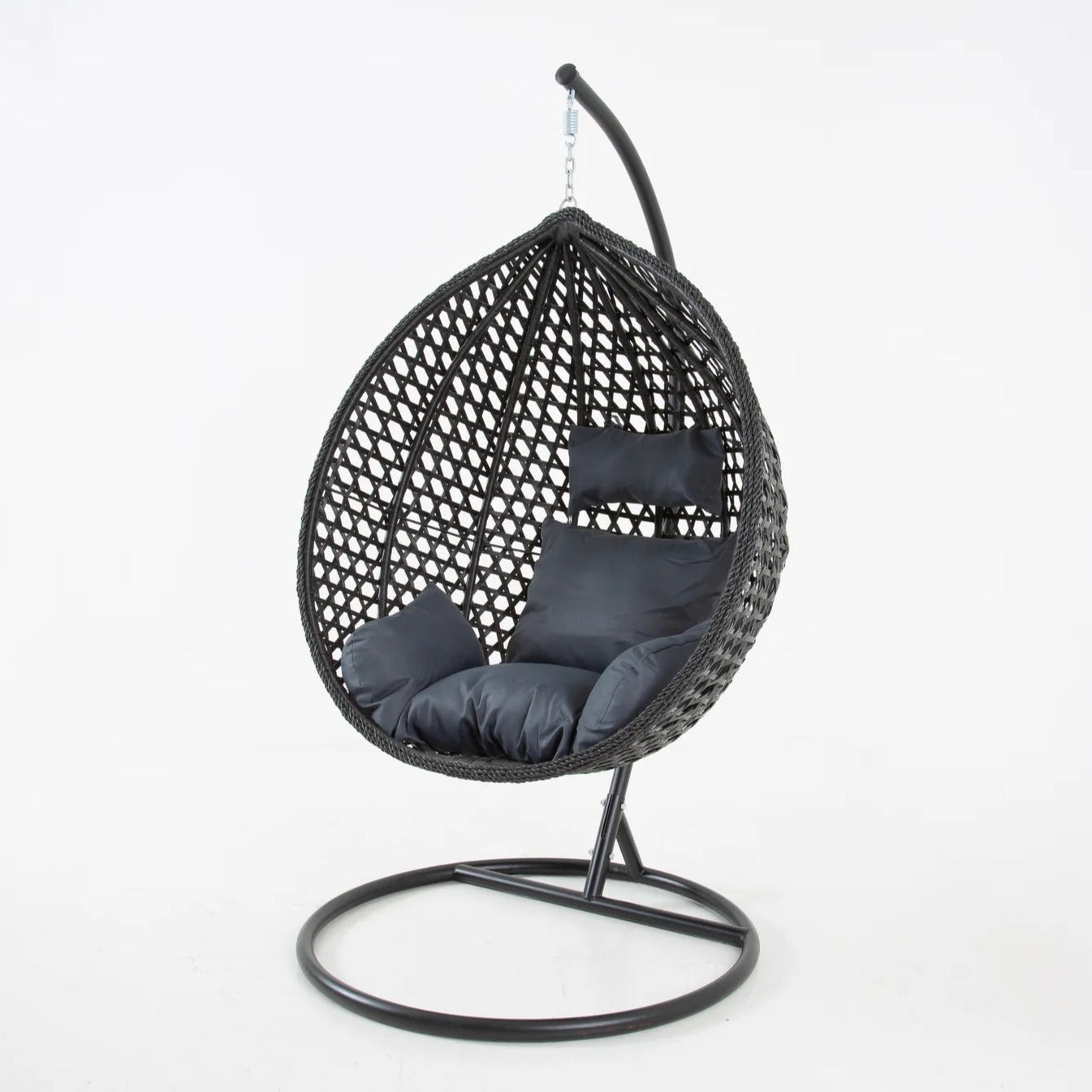 The Onyx Black Hanging Swing Pod Egg Chair - Large with Deep Grey Cushions: Weather-Resistant Outdoor Comfort