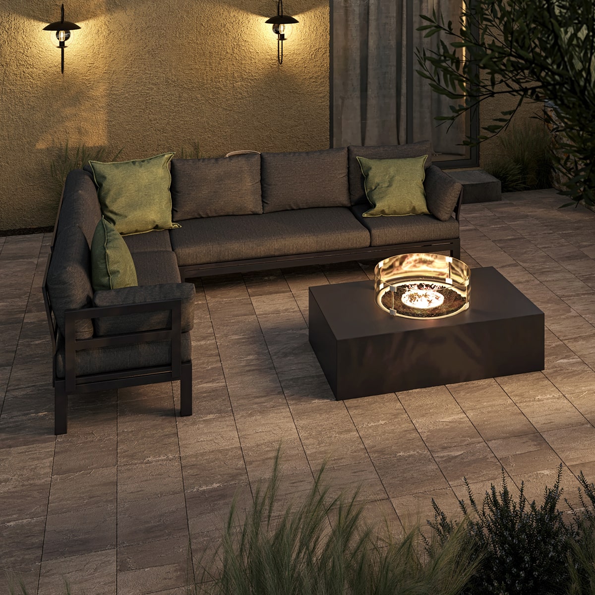 Oslo Corner Group with Rectangular Gas Fire Pit Table in Charcoal