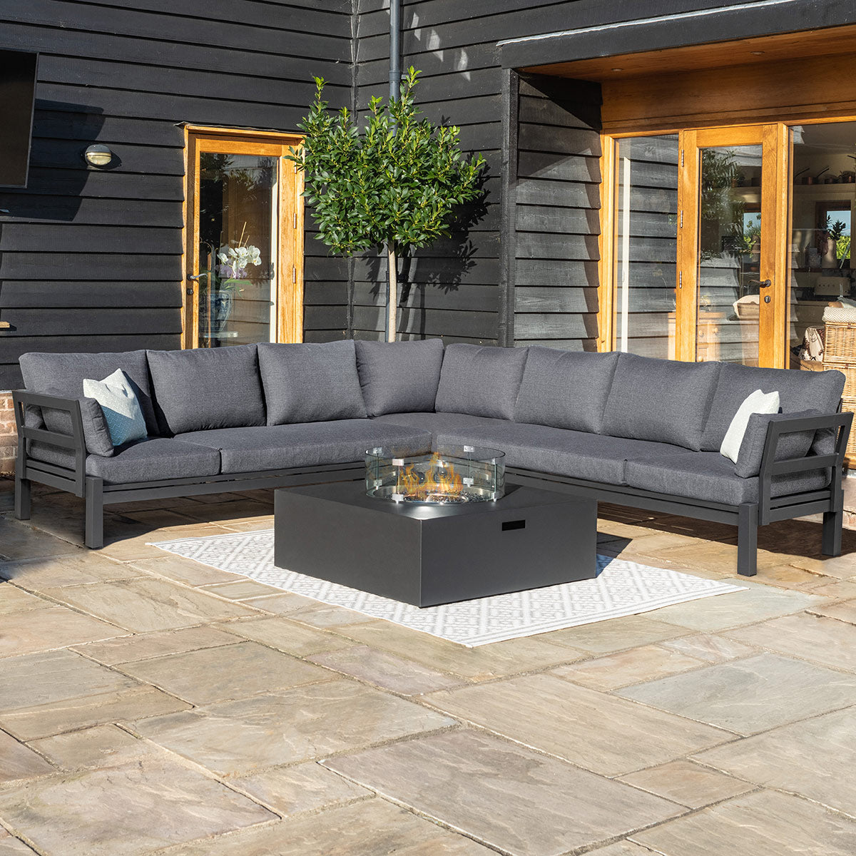 Oslo Large Corner Group with Square Gas Fire Pit Table in Charcoal