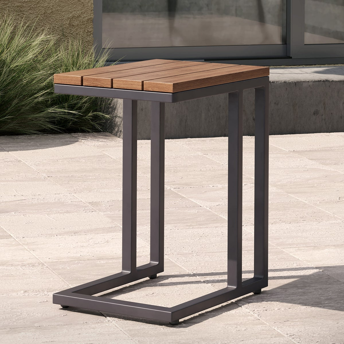 Oslo U Shaped Teak Top Side Table in Charcoal