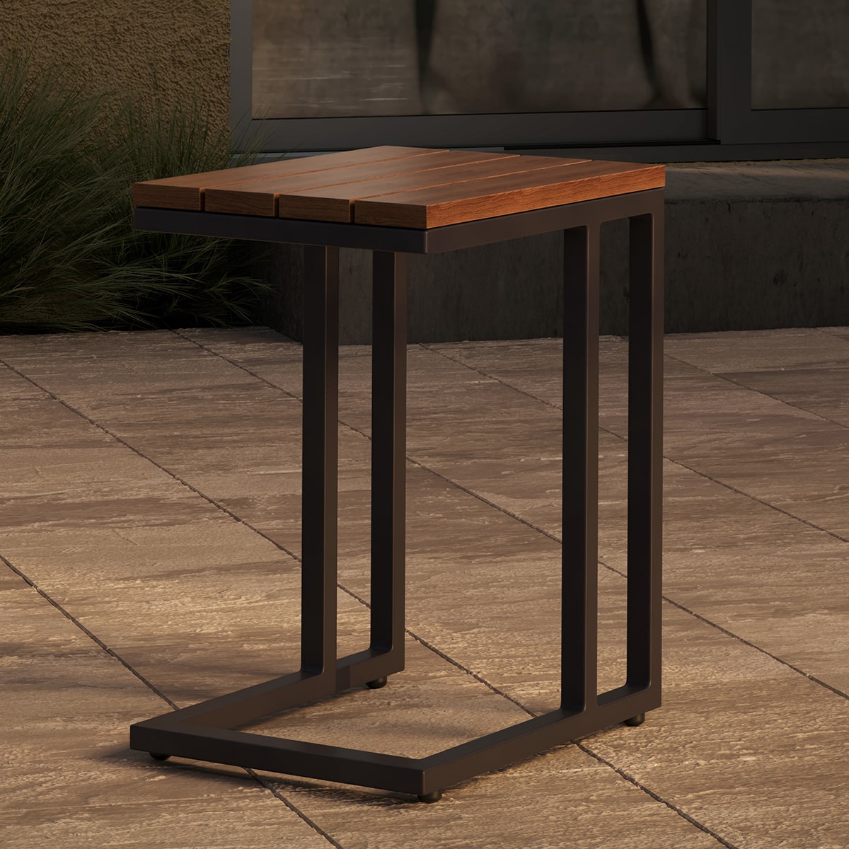 Oslo U Shaped Teak Top Side Table in Charcoal