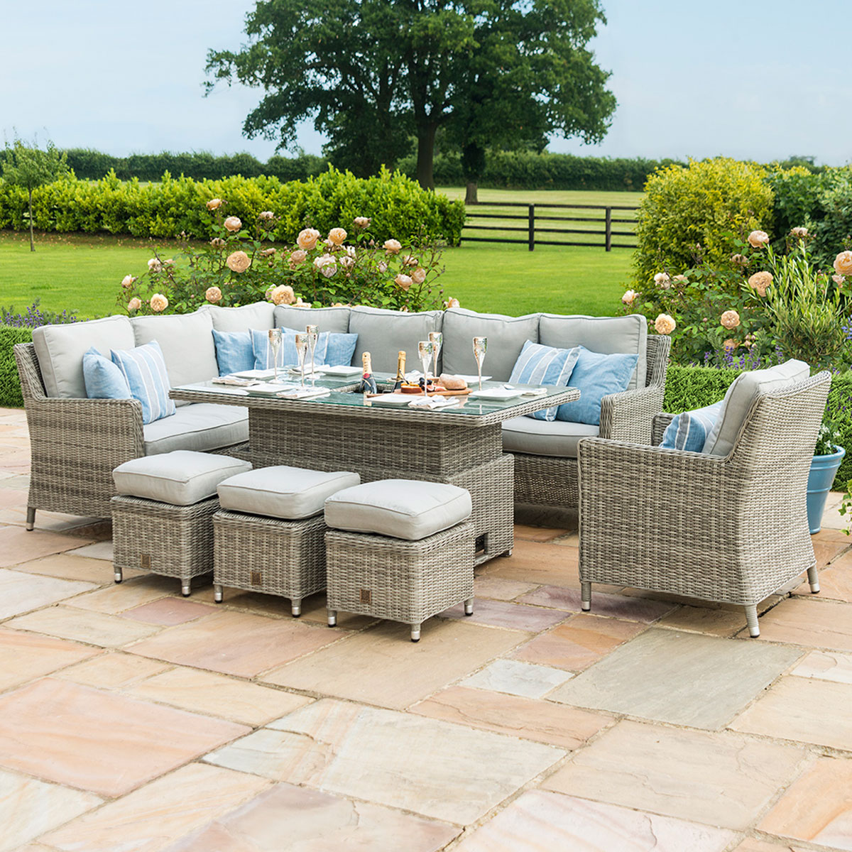 Oxford Corner Dining Set with Ice Bucket & Rising Table (with Armchair) in Light Grey