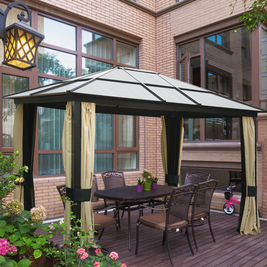 Outsunny 3.6 x 3m Hardtop Polycarbonate Roof Aluminium Gazebo with Mosquito Netting and Curtains in Brown