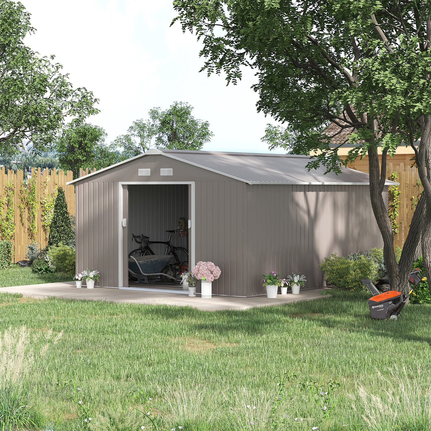 Outsunny 13 x 11ft Garden Metal Storage Shed Outdoor Storage Shed with Foundation Ventilation & Doors in Light Grey