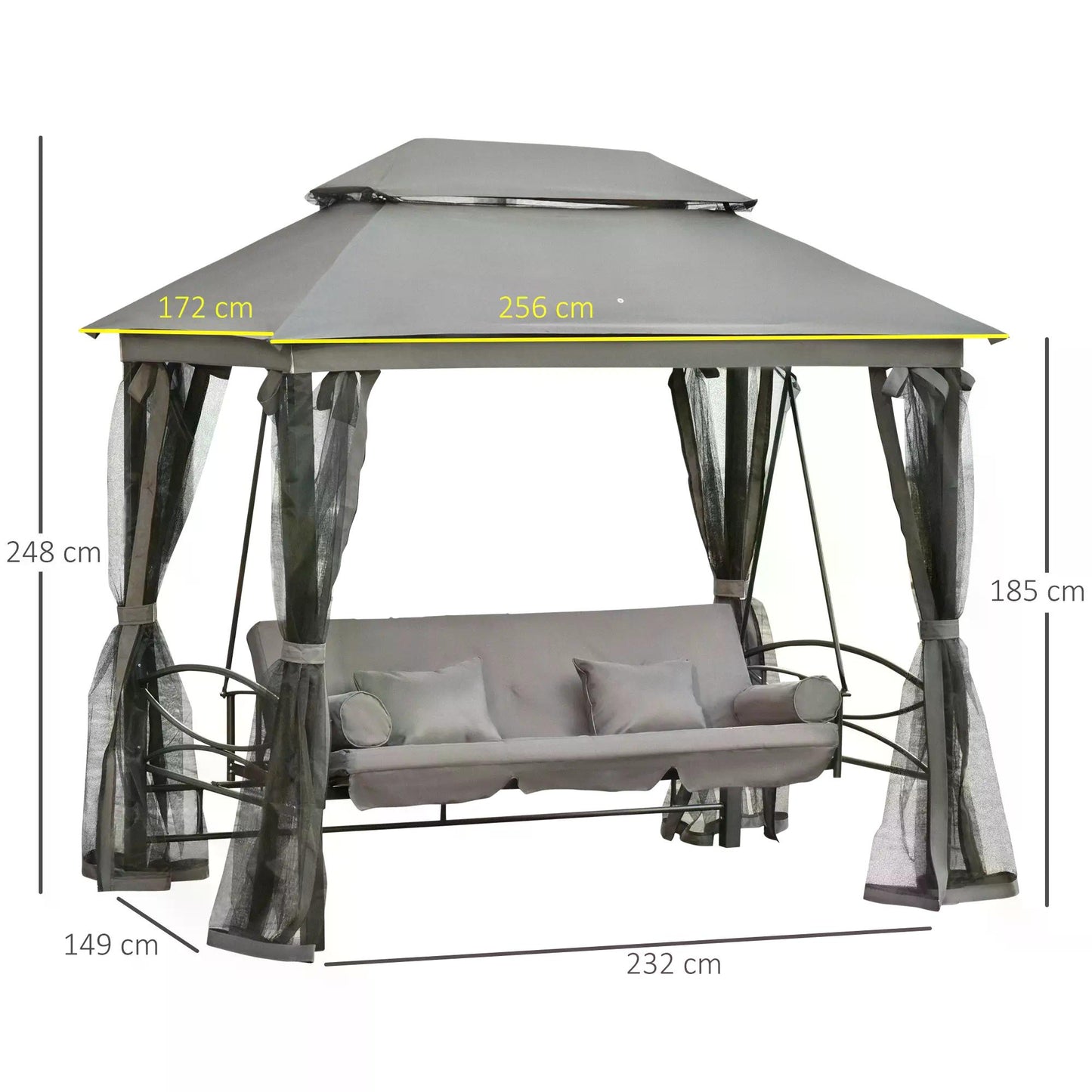 Outsunny 3 Seater Swing Chair Hammock Gazebo: With Double Tier Canopy, Cushioned Seat, Mesh Sidewalls in Grey