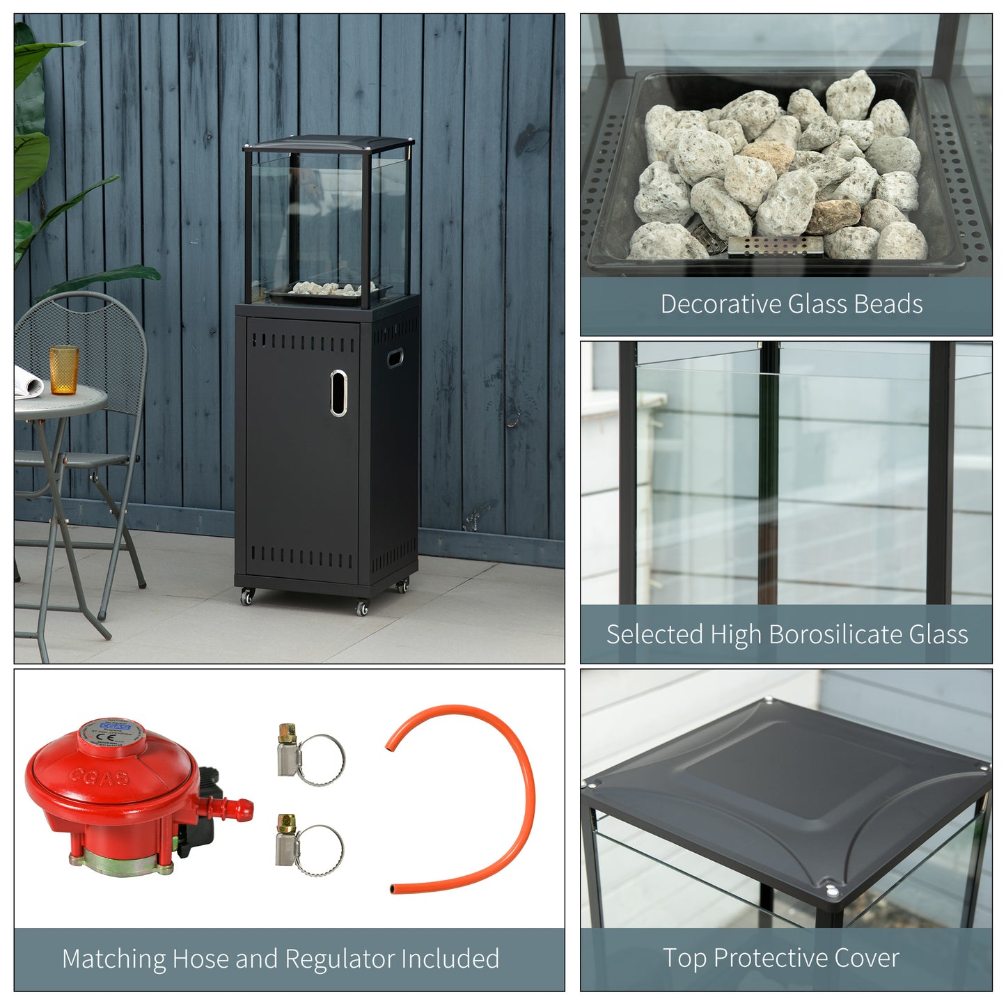 Outsunny 9KW Freestanding Gas Patio Heater with Real Flame, Lava Rocks, Wheels, Dust Cover, Regulator, and Hose