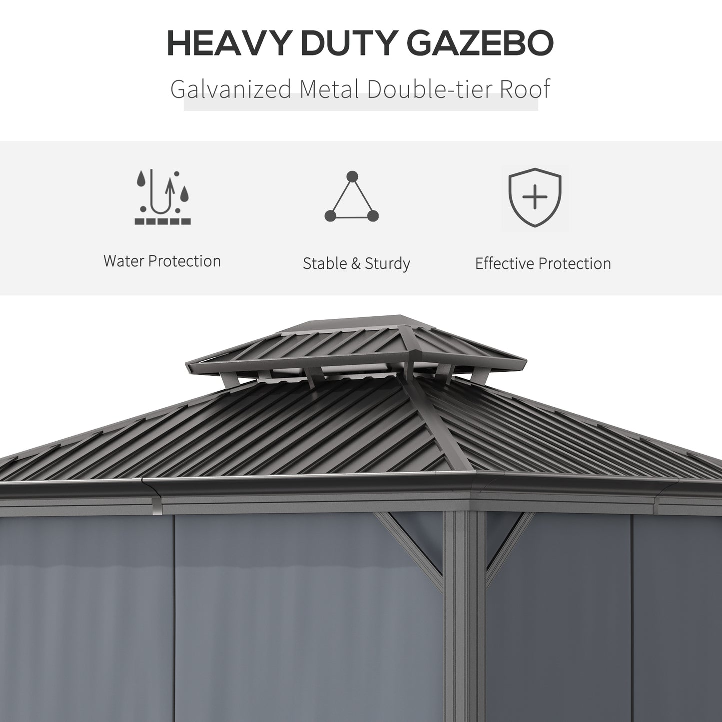 Outsunny 3.7 x 3m Hardtop Aluminum Frame Gazebo with 2-Tier Roof, Mesh Netting & Sidewalls in Grey