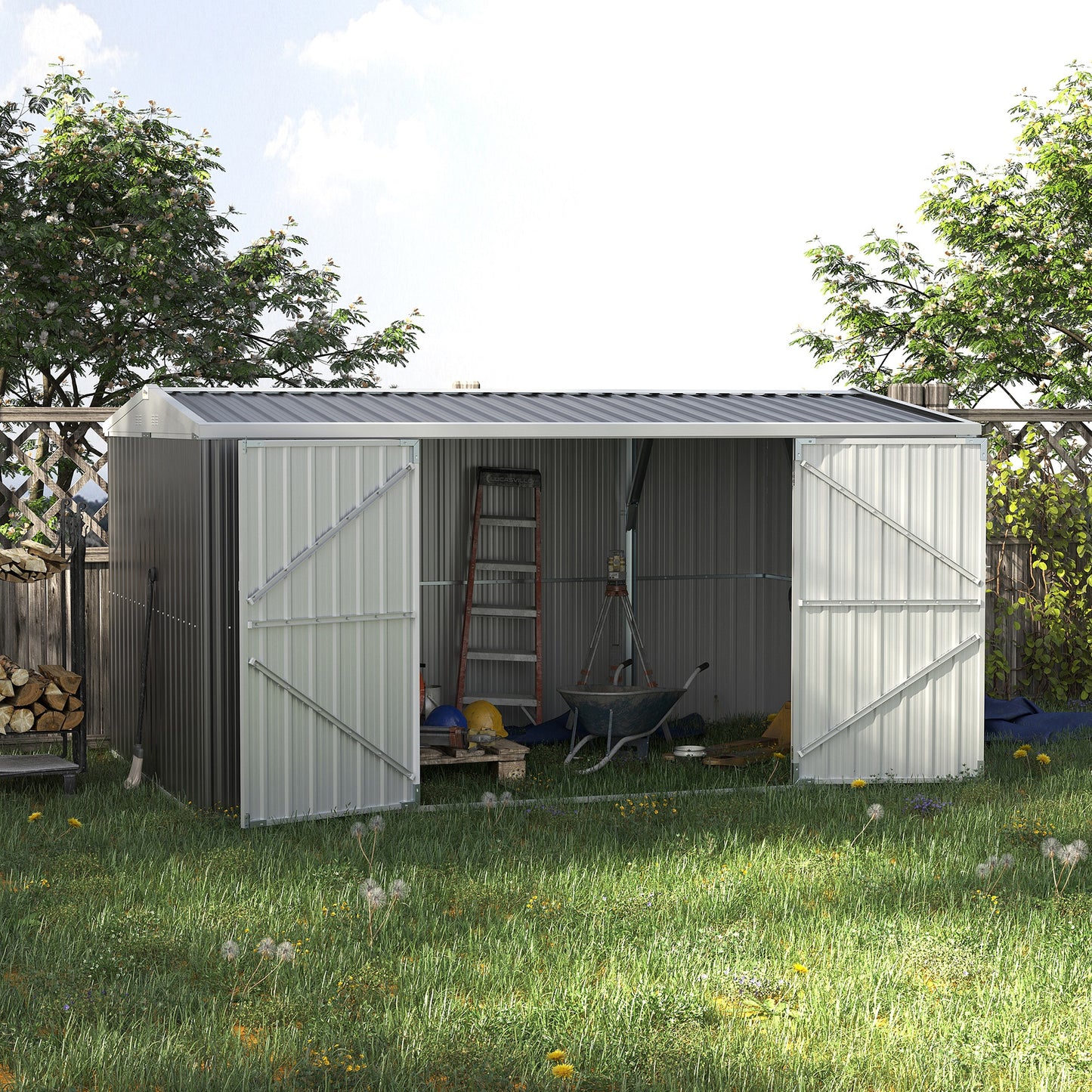 Outsunny 14x9 ft Lockable Garden Shed in Grey: Large Patio Roofed Tool Metal Storage Building