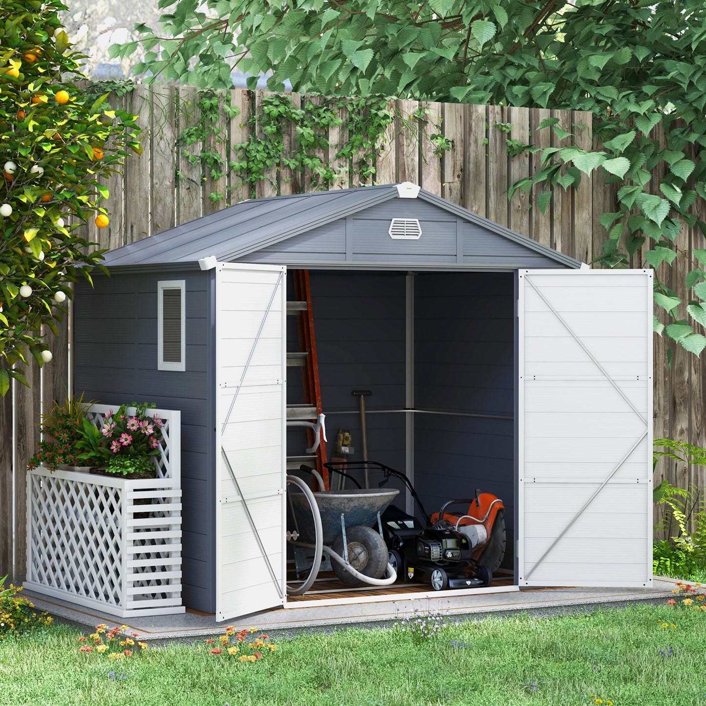 Outsunny 8 x 6ft Garden Shed with Foundation Kit: Polypropylene Outdoor Storage Tool House with Ventilation Slots and Lockable Door in Grey