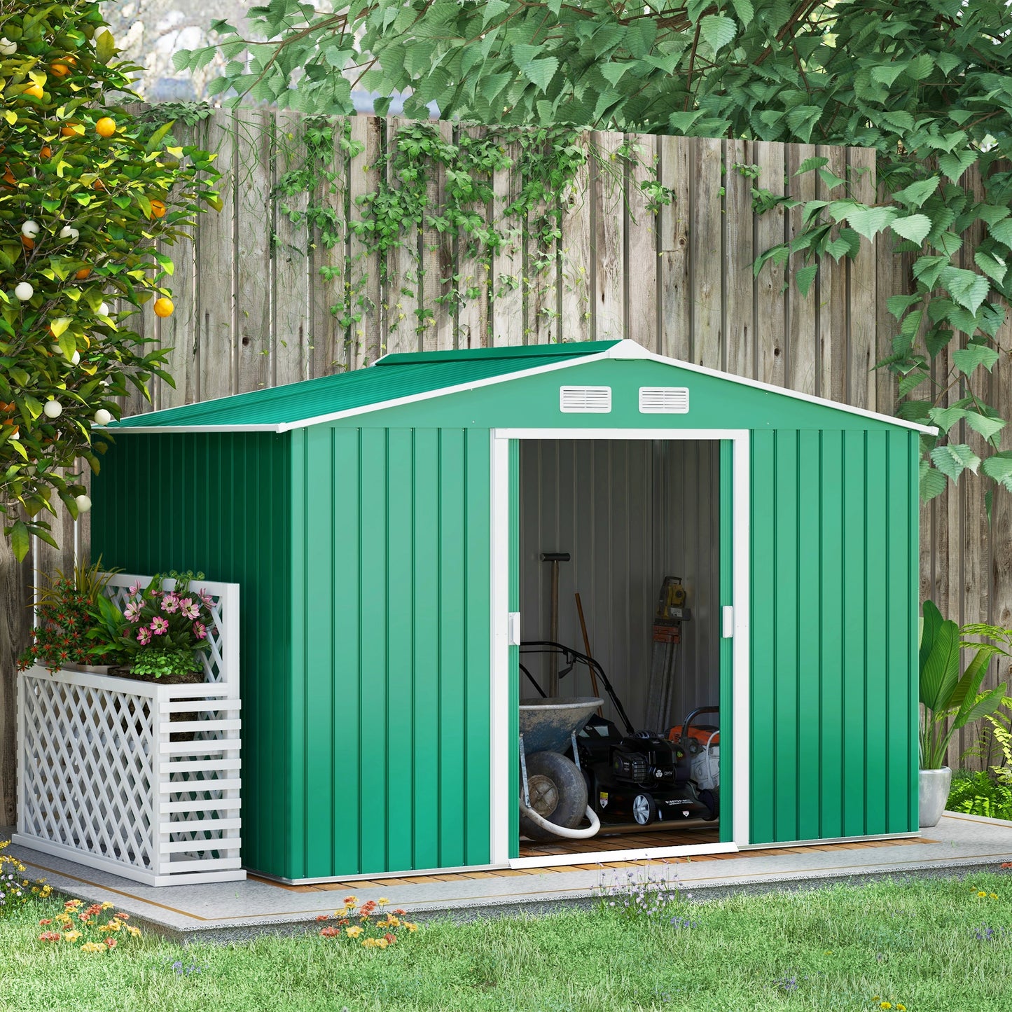 Outsunny 9 x 6 FT Lockable Green Garden Shed: Large Metal Storage Building with Foundation for Outdoor Furniture and More