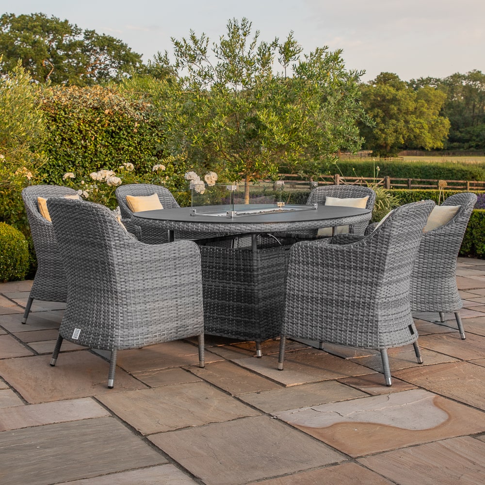 Santorini 6 Seat Oval Fire Pit Dining Set in Grey