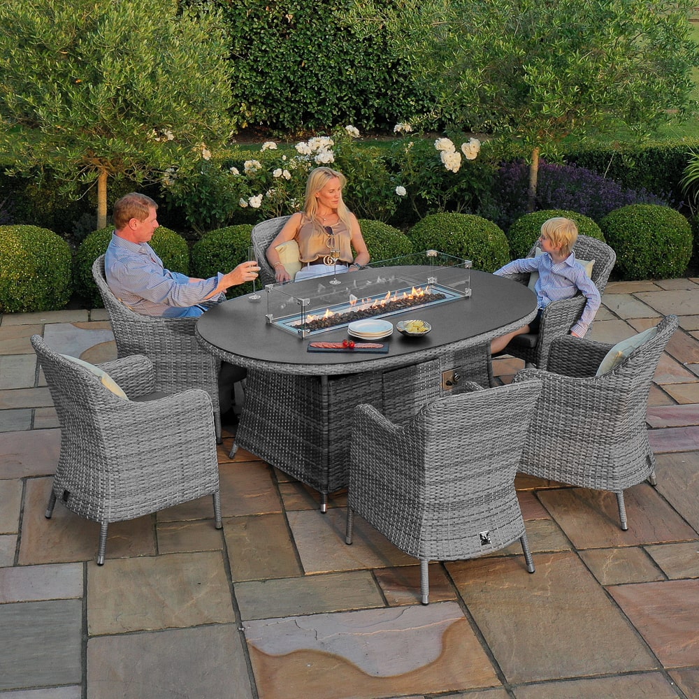 Santorini 6 Seat Oval Fire Pit Dining Set in Grey