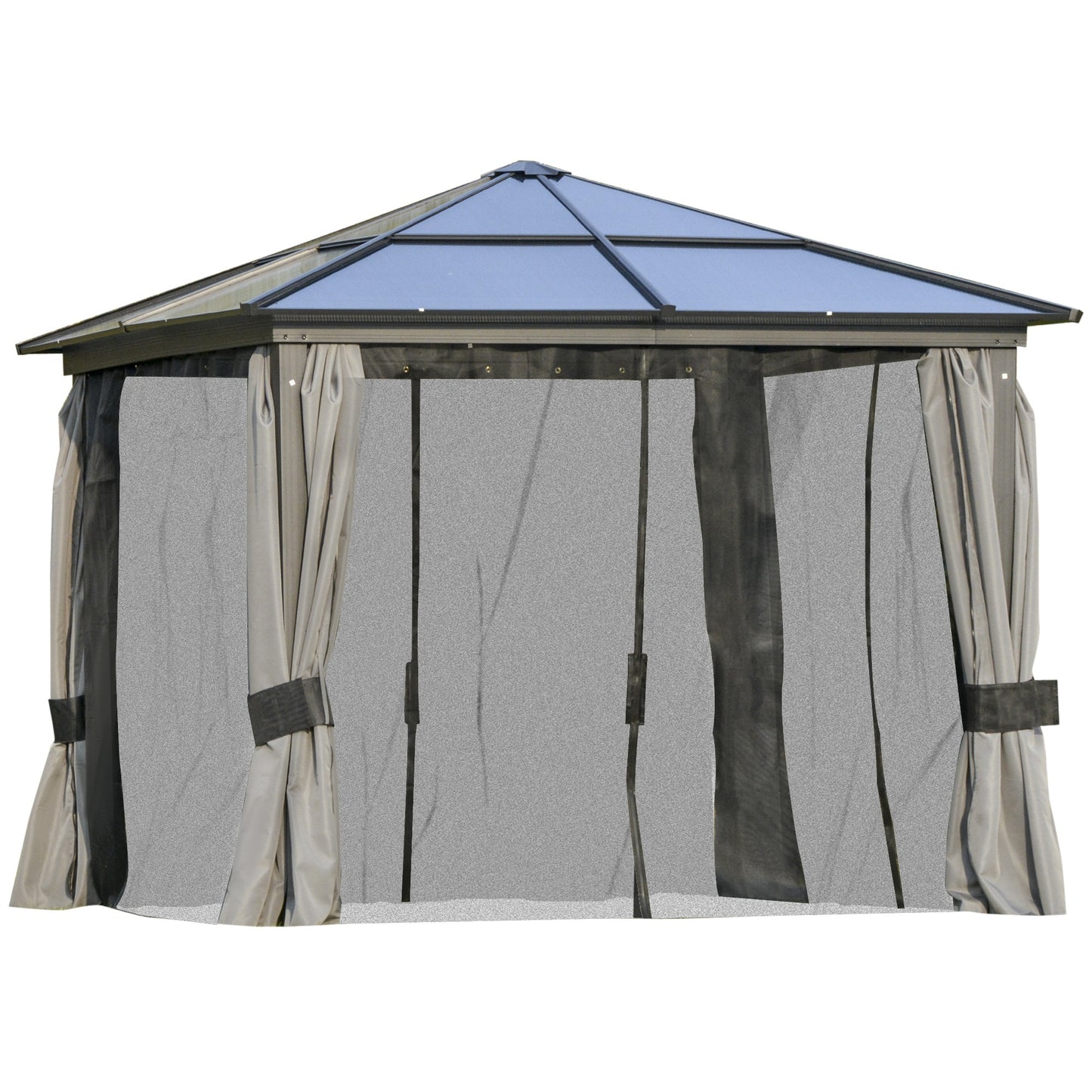 Outsunny 3 x 3m Hardtop Gazebo with UV Resistant Polycarbonate Roof & Aluminium Frame: With Mosquito Netting and Curtains in Black/Grey