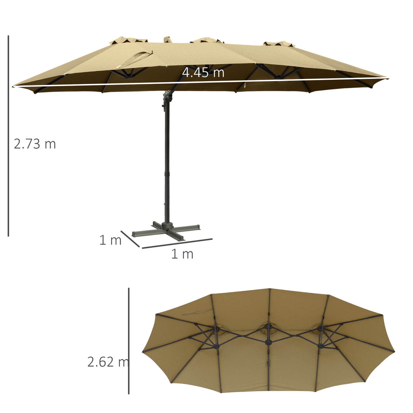 Outsunny 4.5m Double Sided Rectangular Patio Parasol: Large Garden Umbrella with Crank Handle, 360° Cross Base for Bench in Khaki/Grey