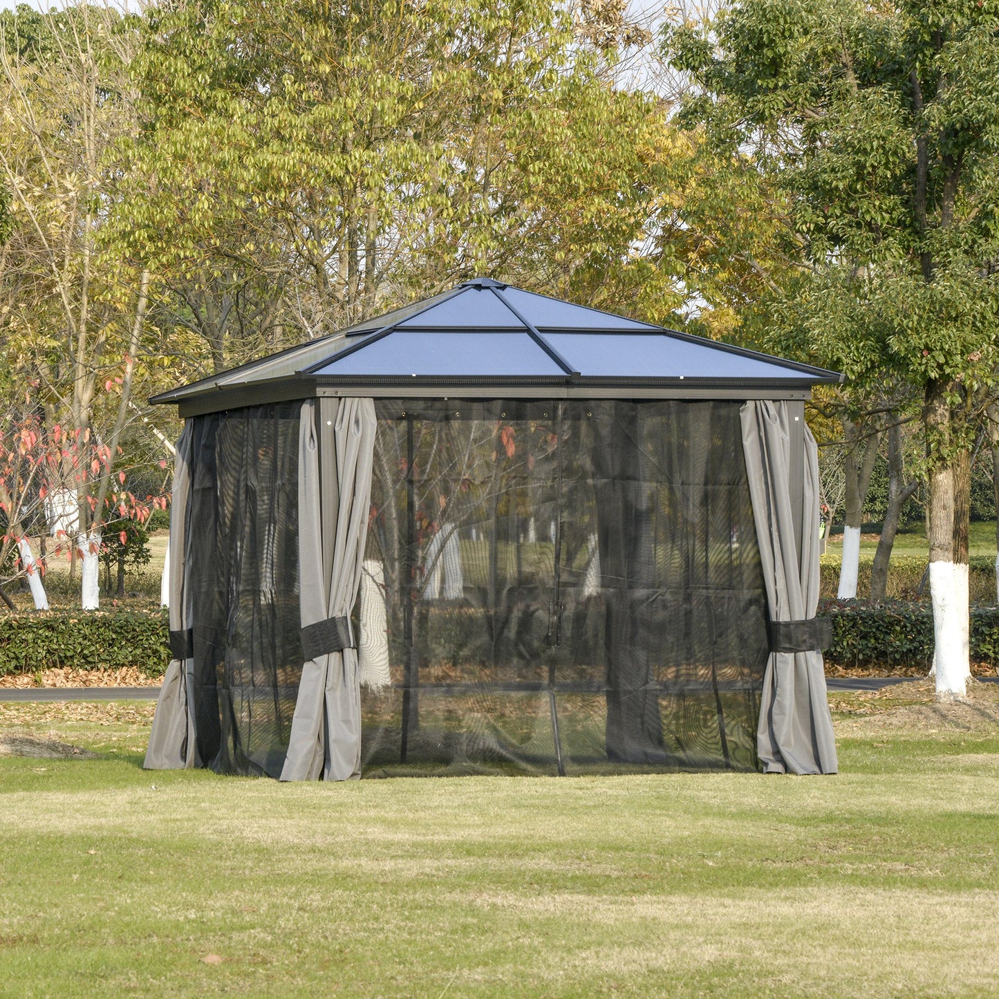 Outsunny 3 x 3m Hardtop Gazebo with UV Resistant Polycarbonate Roof & Aluminium Frame: With Mosquito Netting and Curtains in Black/Grey