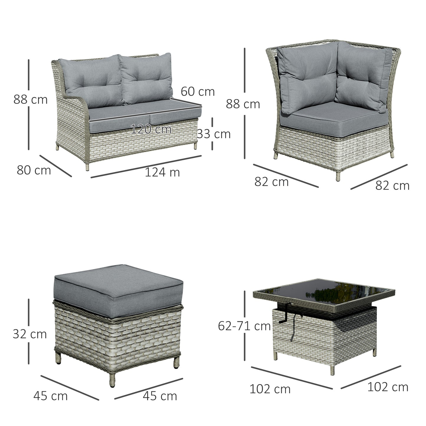 Outsunny 7 Seater Outdoor Rattan Sofa Dining Set with Liftable Coffee Table in Grey