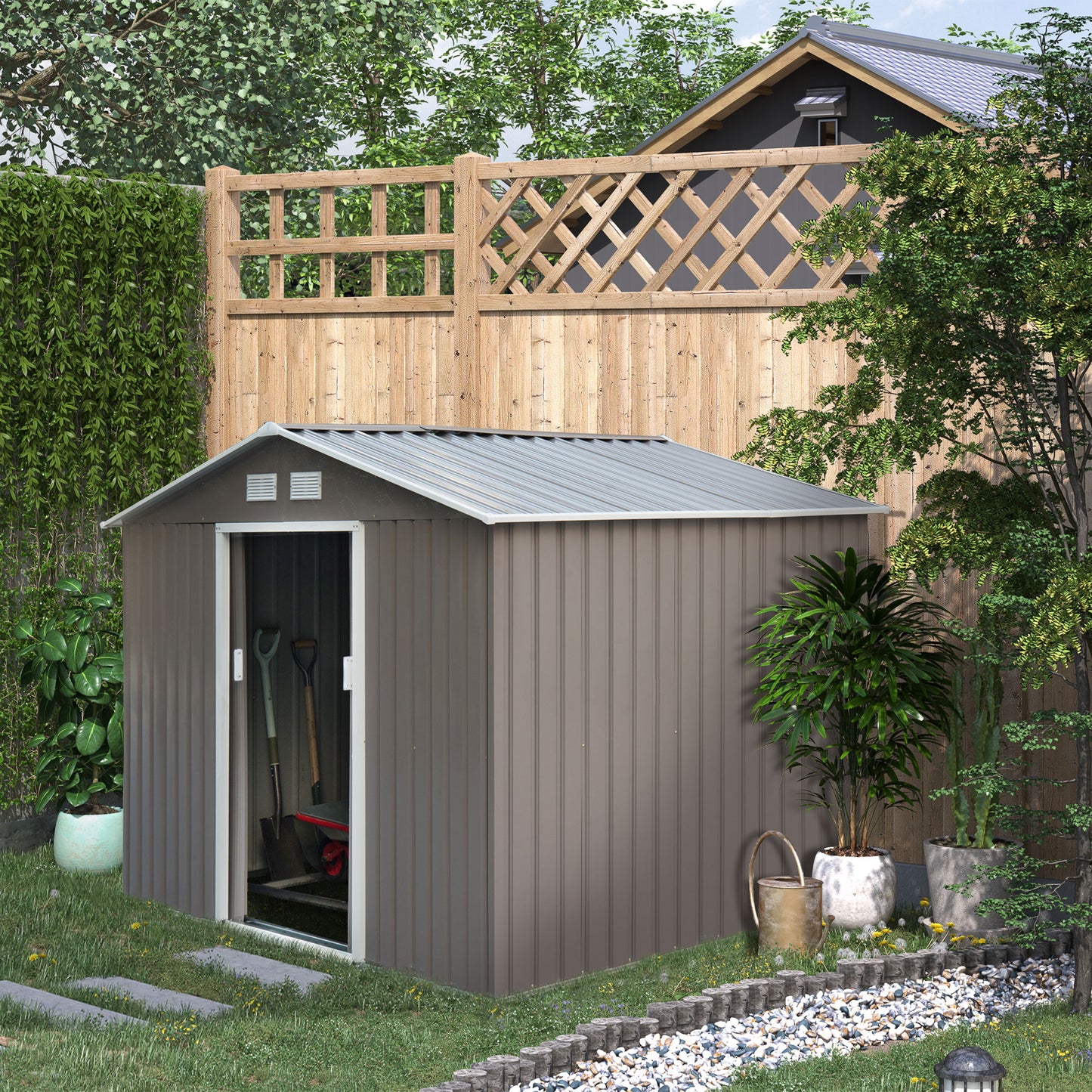 Outsunny 9 x 6 ft Metal Garden Storage Shed with Sloped Roof: Tool House with Foundation, Ventilation, and Double Door in Grey