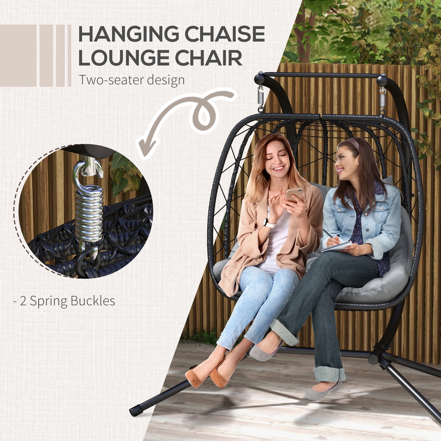 Outsunny Rattan Double Seater Swing Chair: Egg Hanging Chair with Thick Padded Cushion & Headrest in Black