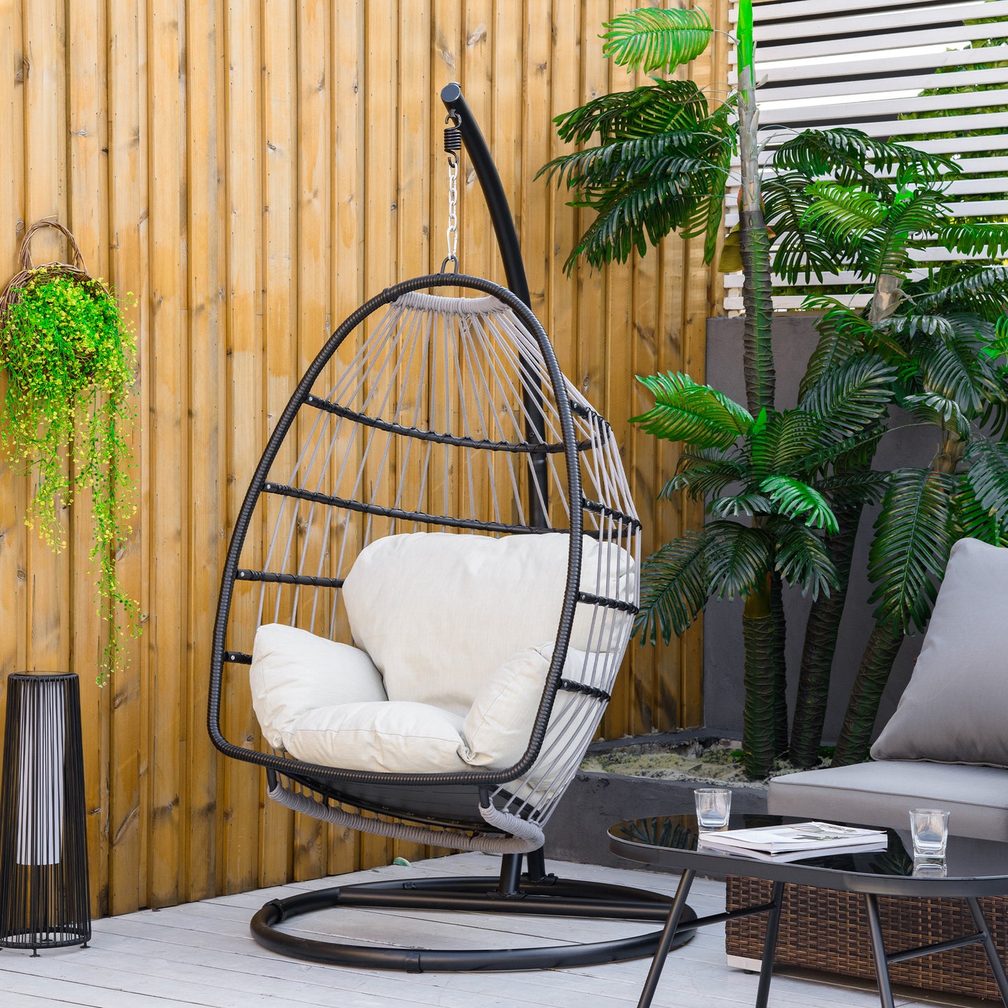 Outsunny Rattan Folding Hanging Egg Chair: Weave Swing Hammock with Cushion and Stand for Indoor or Outdoor in Black