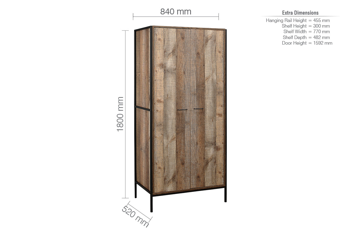 Urban 2-Door Wardrobe - Rustic Finish