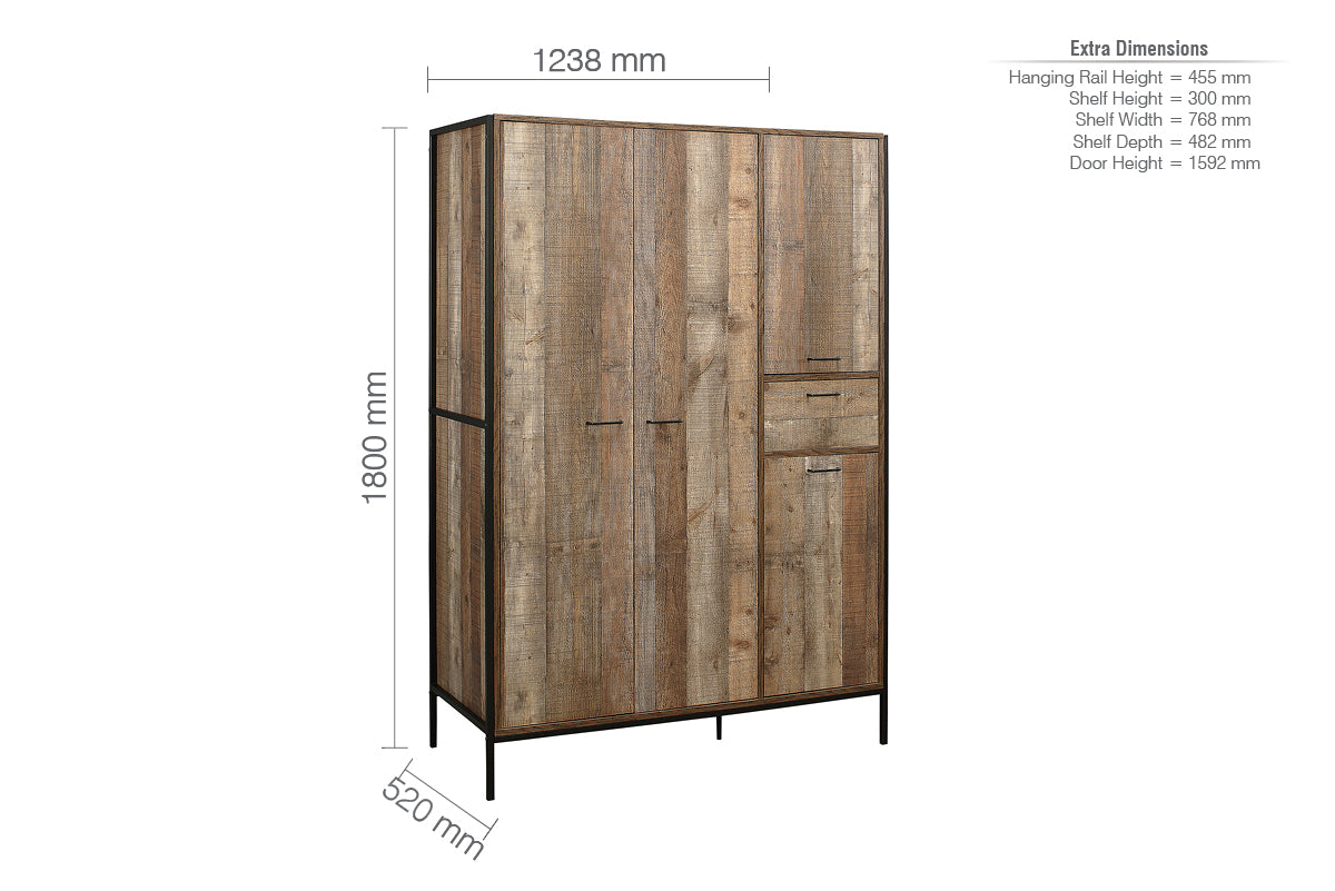 Urban 4-Door Wardrobe - Rustic Finish