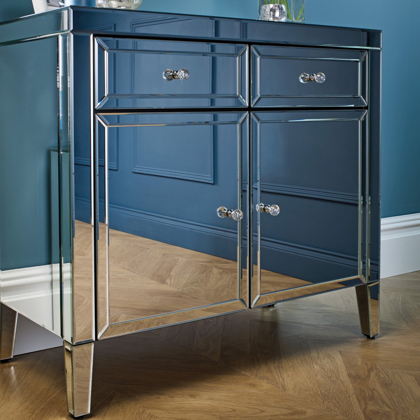 Valencia 2 Drawer Sideboard - Mirrored Finish with Crystal Effect Handles