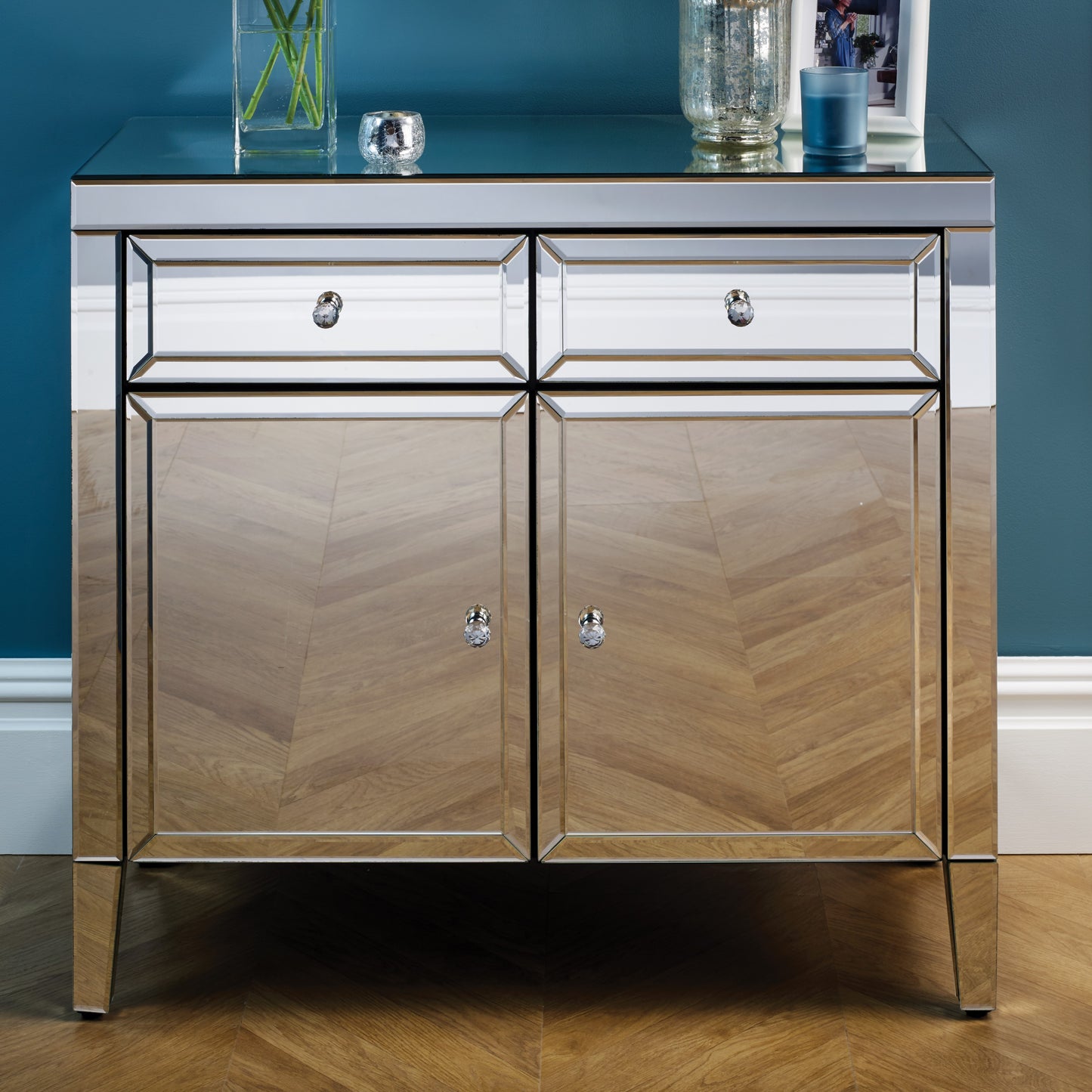 Valencia 2 Drawer Sideboard - Mirrored Finish with Crystal Effect Handles