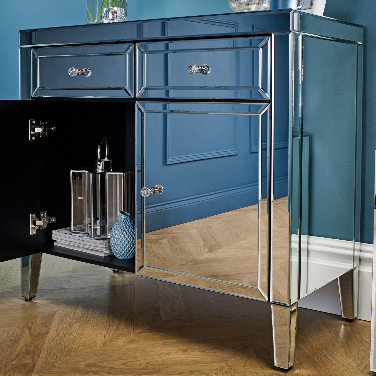 Valencia 2 Drawer Sideboard - Mirrored Finish with Crystal Effect Handles