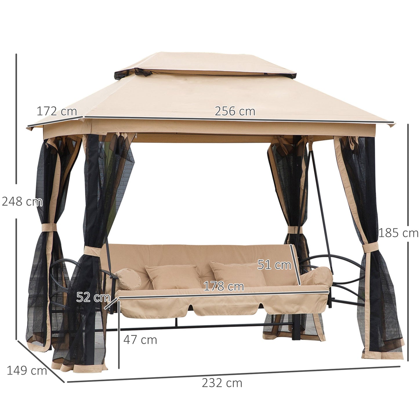 Outsunny 3 Seater Swing Chair: 3in1 Convertible Hammock Bed Gazebo: With Double Tier Canopy, Cushioned Seat, Mesh Sidewalls in Beige