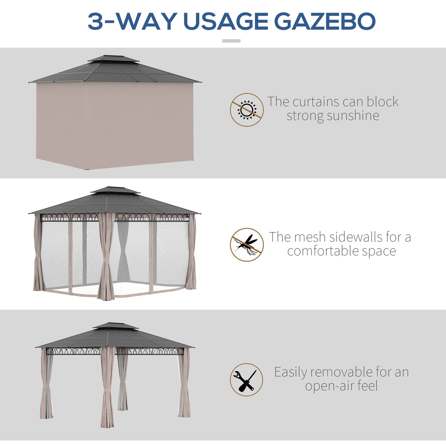 Outsunny 3.6 x 3m Outdoor Polycarbonate Hard Top Gazebo: Double Roof Hard Top with Nettings & Curtains for Garden in Black/Grey