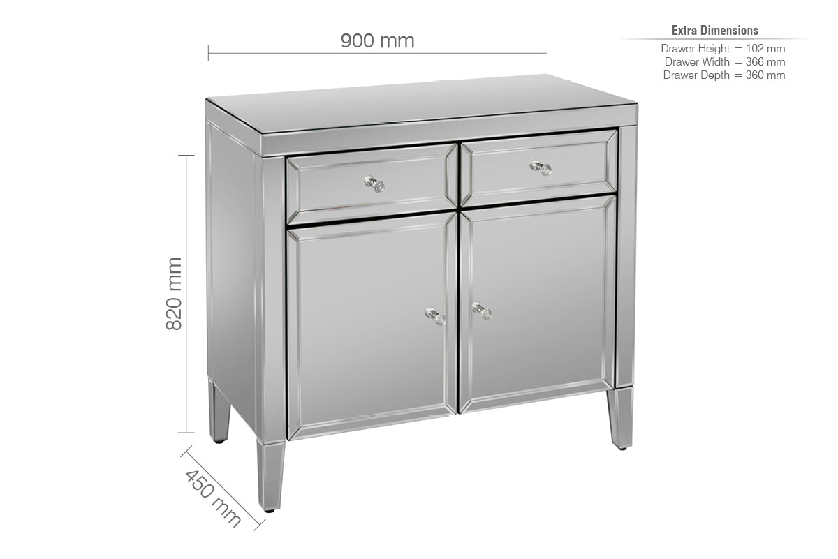 Valencia 2 Drawer Sideboard - Mirrored Finish with Crystal Effect Handles