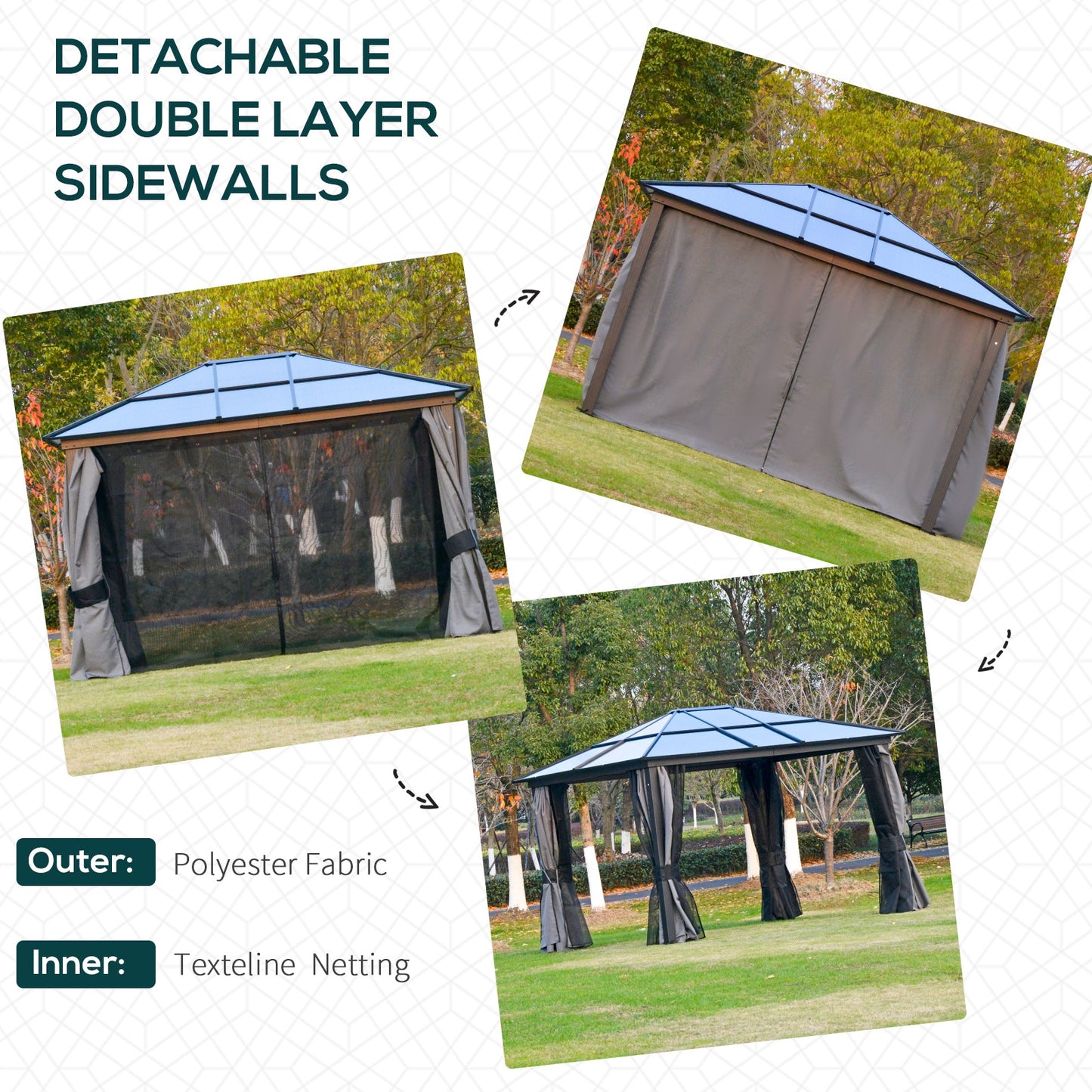 Outsunny 3.6 x 3m Hardtop Gazebo with UV Resistant Polycarbonate Roof & Aluminium Frame With Mosquito Netting and Curtains in Black/Dark Grey