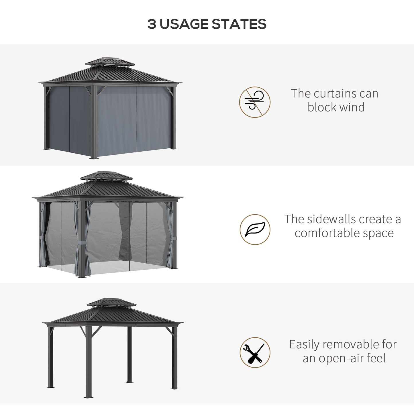 Outsunny 3.7 x 3m Hardtop Aluminum Frame Gazebo with 2-Tier Roof, Mesh Netting & Sidewalls in Grey