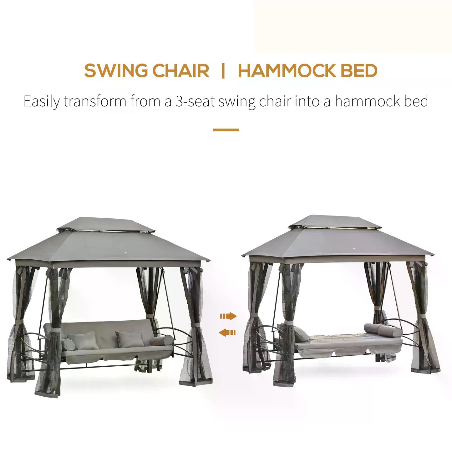 Outsunny 3 Seater Swing Chair Hammock Gazebo: With Double Tier Canopy, Cushioned Seat, Mesh Sidewalls in Grey